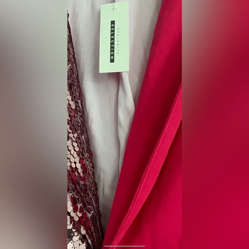 Blazer Vibrant Pink Sequin Blazer with Feather Trim - Picture 6 of 10